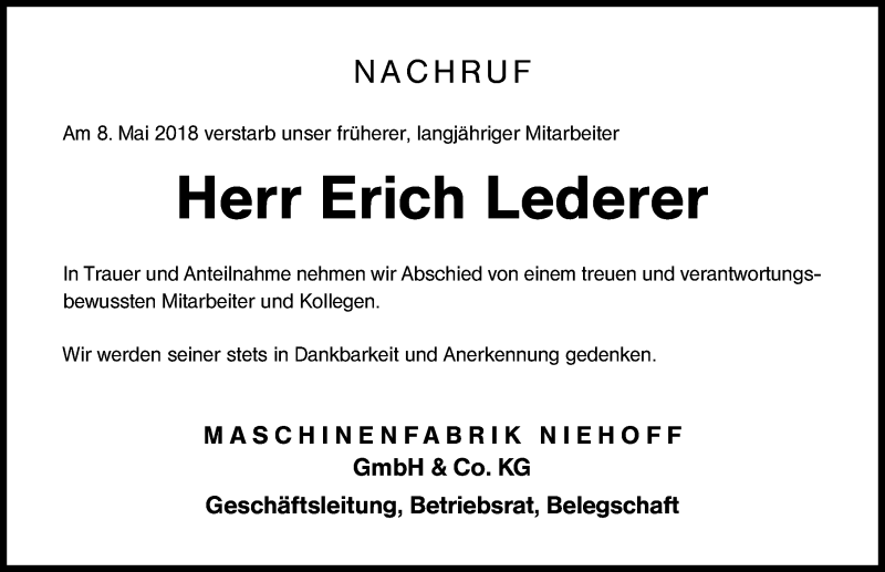  Traueranzeige für Erich Lederer vom 17.05.2018 aus Schwabach
