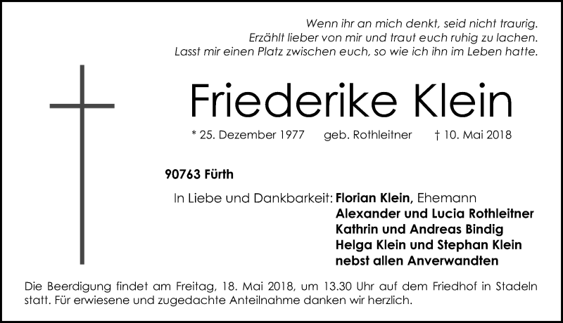  Traueranzeige für Friederike Klein vom 16.05.2018 aus Fürther Nachrichten Lokal
