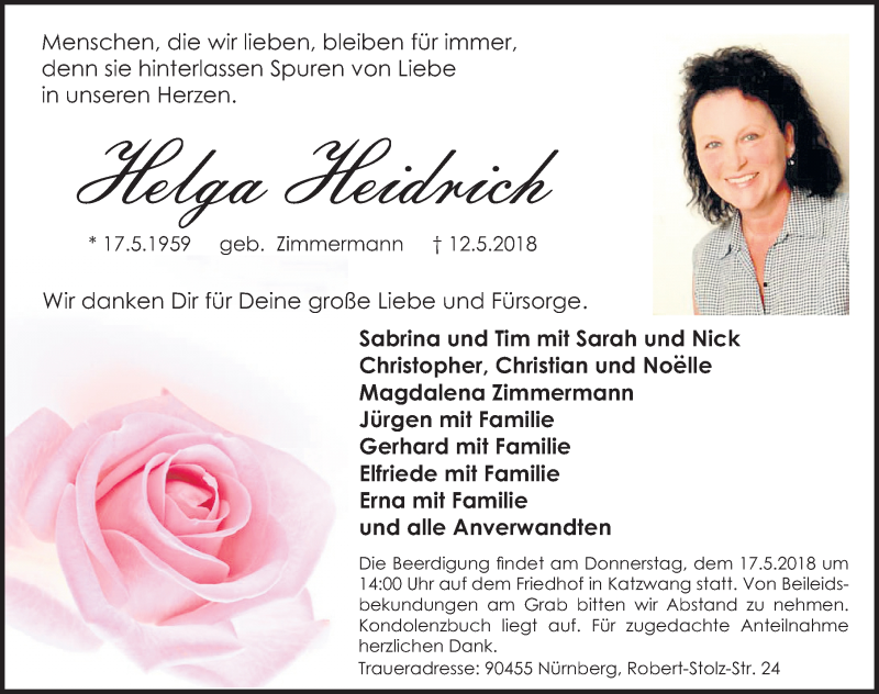  Traueranzeige für Helga Heidrich vom 15.05.2018 aus Gesamtausgabe Nürnberger Nachrichten/ Nürnberger Ztg.