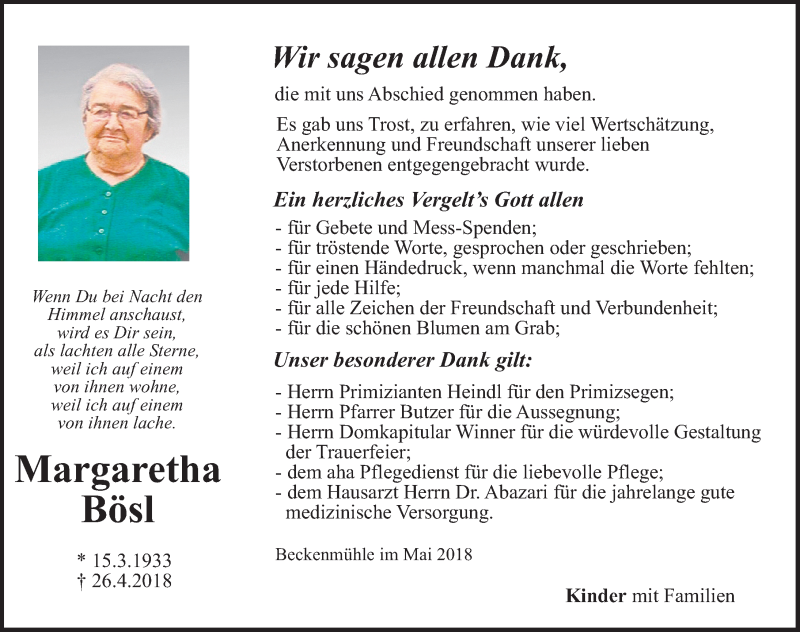  Traueranzeige für Margaretha Bösl vom 12.05.2018 aus Neumarkter Nachrichten Lokal
