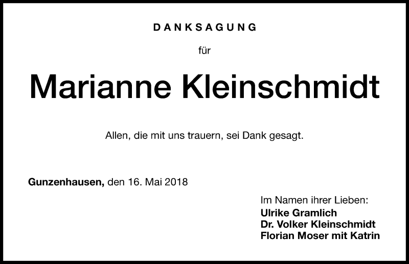  Traueranzeige für Marianne Kleinschmidt vom 16.05.2018 aus Altmühl-Bote Lokal