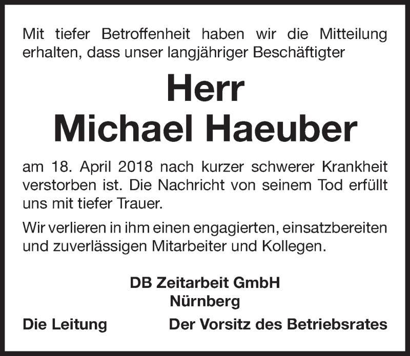  Traueranzeige für Michael Haeuber vom 22.05.2018 aus Gesamtausgabe Nürnberger Nachrichten/ Nürnberger Ztg.