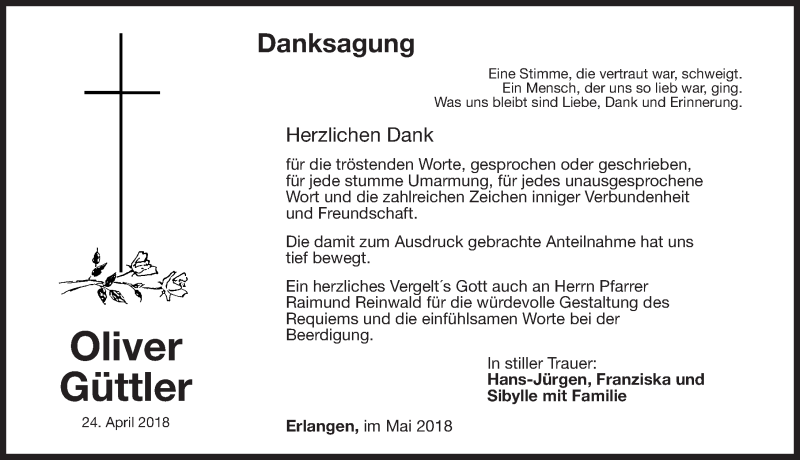  Traueranzeige für Oliver Güttler vom 12.05.2018 aus Erlanger Nachrichten Lokal