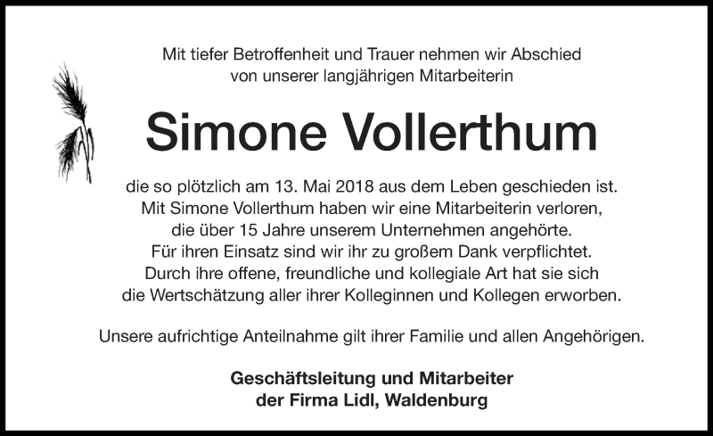  Traueranzeige für Simone Vollerthum vom 18.05.2018 aus Altmühl-Bote Lokal
