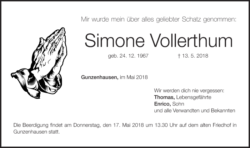  Traueranzeige für Simone Vollerthum vom 15.05.2018 aus Altmühl-Bote Lokal