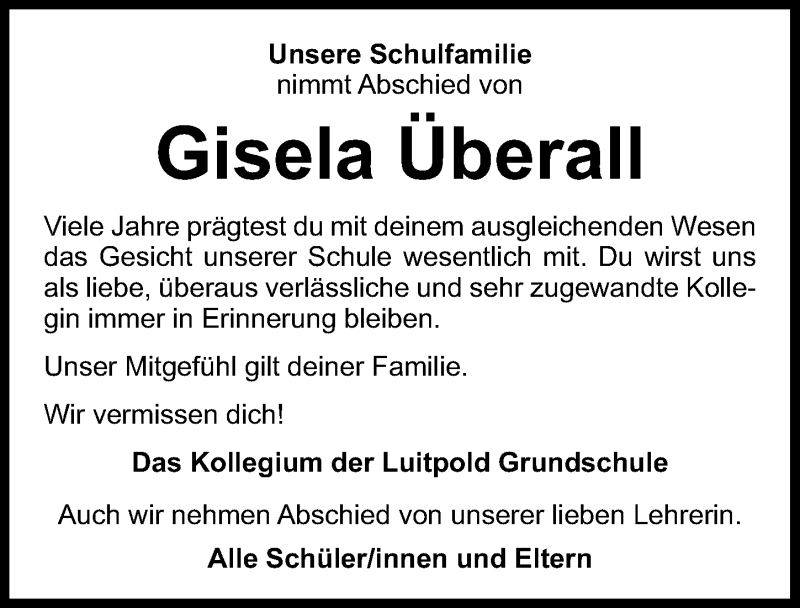  Traueranzeige für Gisela Überall vom 23.06.2018 aus Schwabach