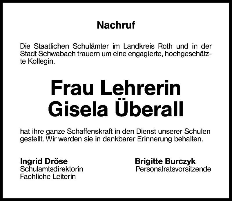  Traueranzeige für Gisela Überall vom 23.06.2018 aus Schwabach