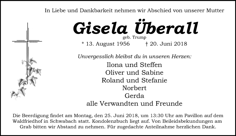  Traueranzeige für Gisela Überall vom 22.06.2018 aus Schwabach