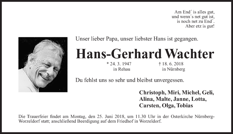  Traueranzeige für Hans-Gerhard Wachter vom 21.06.2018 aus Gesamtausgabe Nürnberger Nachrichten/ Nürnberger Ztg.