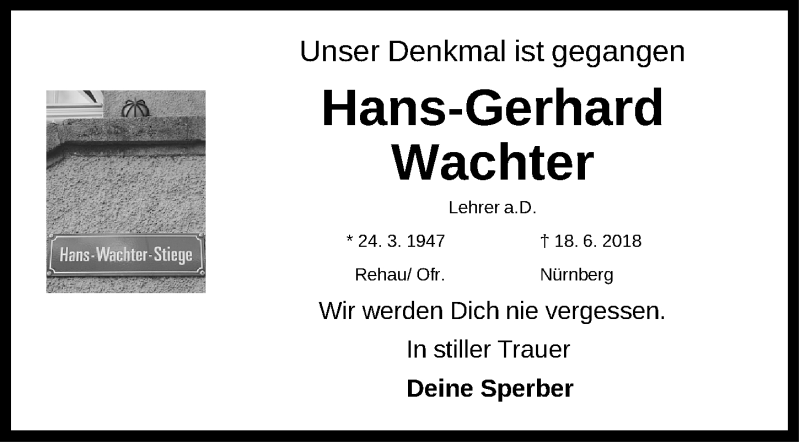  Traueranzeige für Hans-Gerhard Wachter vom 23.06.2018 aus Gesamtausgabe Nürnberger Nachrichten/ Nürnberger Ztg.