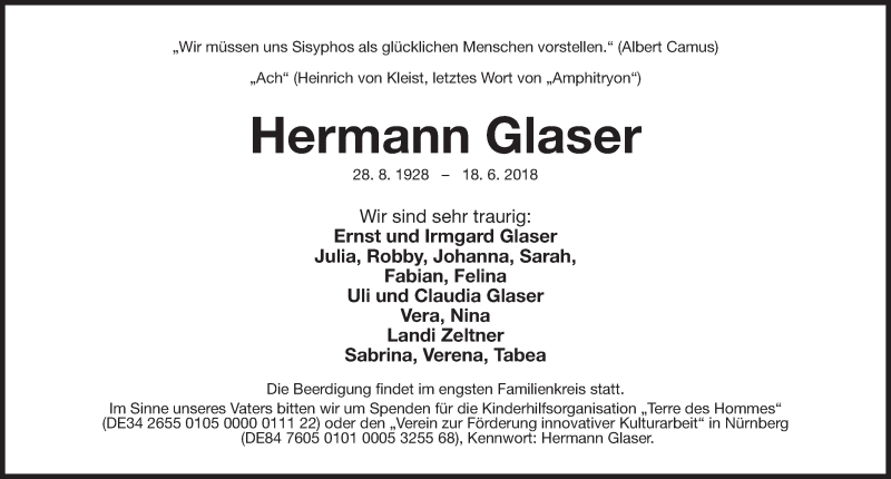  Traueranzeige für Hermann Glaser vom 20.06.2018 aus Gesamtausgabe Nürnberger Nachrichten/ Nürnberger Ztg.