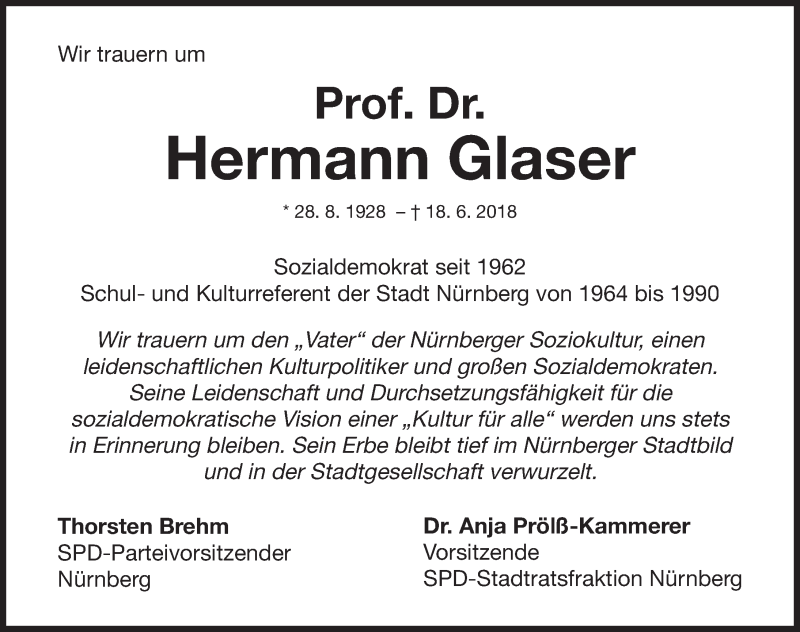  Traueranzeige für Hermann Glaser vom 20.06.2018 aus Gesamtausgabe Nürnberger Nachrichten/ Nürnberger Ztg.