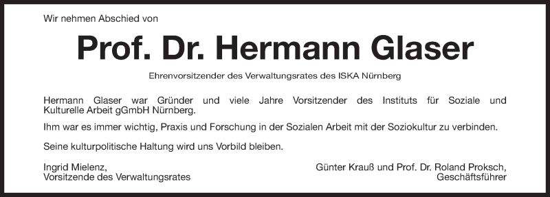  Traueranzeige für Hermann Glaser vom 23.06.2018 aus Gesamtausgabe Nürnberger Nachrichten/ Nürnberger Ztg.