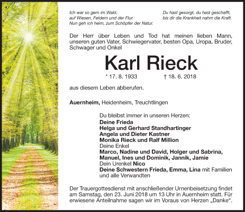  Traueranzeige für Karl Rieck vom 21.06.2018 aus Altmühl-Bote Lokal