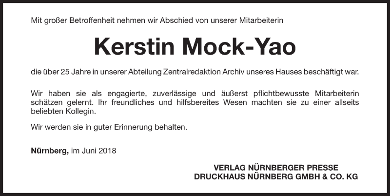  Traueranzeige für Kerstin Mock-Yao vom 20.06.2018 aus Gesamtausgabe Nürnberger Nachrichten/ Nürnberger Ztg.