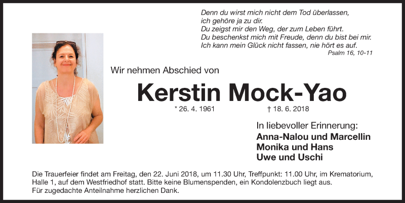 Traueranzeige für Kerstin Mock-Yao vom 20.06.2018 aus Gesamtausgabe Nürnberger Nachrichten/ Nürnberger Ztg.