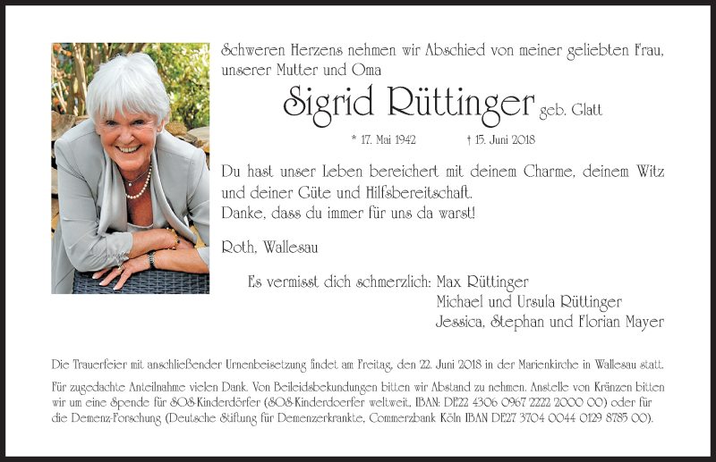 Traueranzeige für Sigrid Rüttinger vom 20.06.2018 aus Gesamtausgabe Nürnberger Nachrichten/ Nürnberger Ztg.