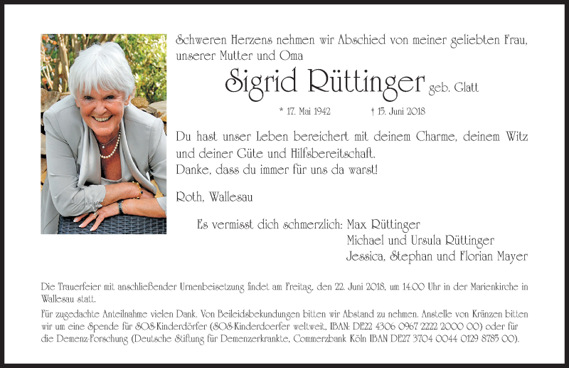  Traueranzeige für Sigrid Rüttinger vom 21.06.2018 aus Gesamtausgabe Nürnberger Nachrichten/ Nürnberger Ztg.