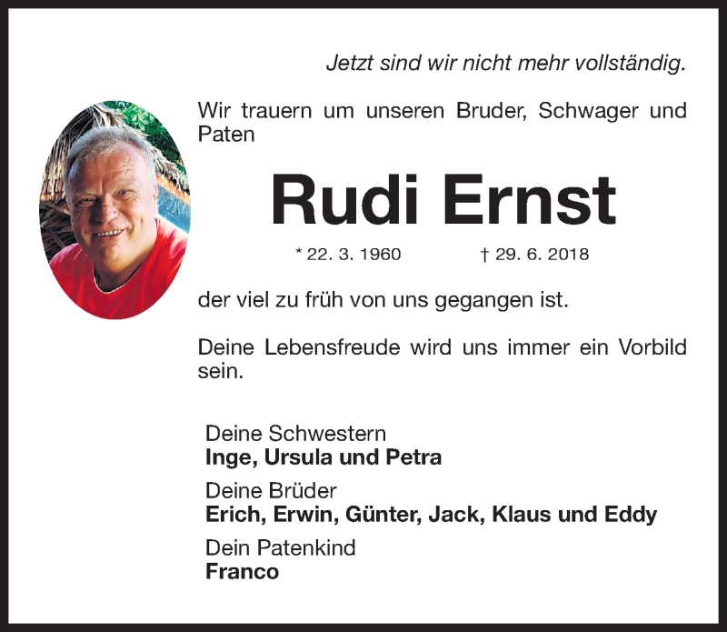  Traueranzeige für Rudi Ernst vom 07.07.2018 aus Erlanger Nachrichten Lokal