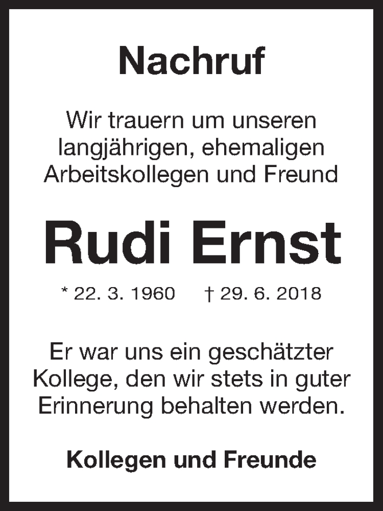 Traueranzeige für Rudi Ernst vom 14.07.2018 aus Erlanger Nachrichten Lokal