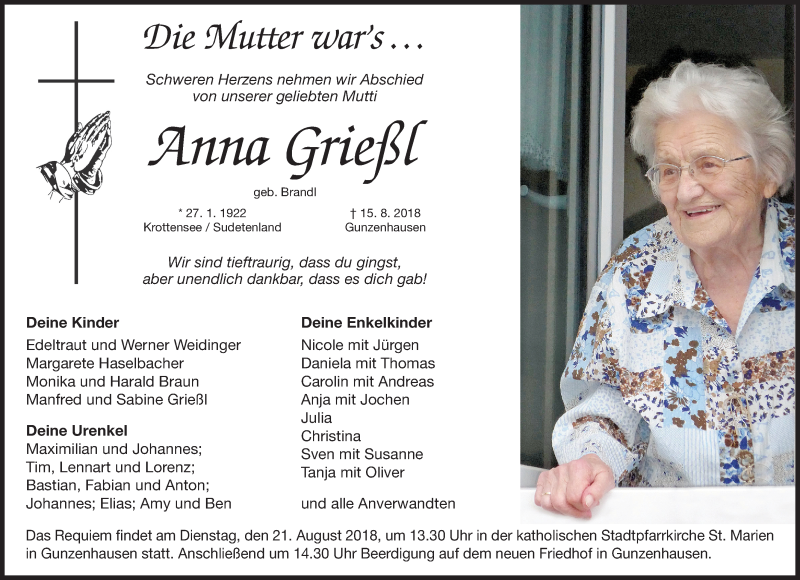  Traueranzeige für Anna Grießl vom 18.08.2018 aus Altmühl-Bote Lokal