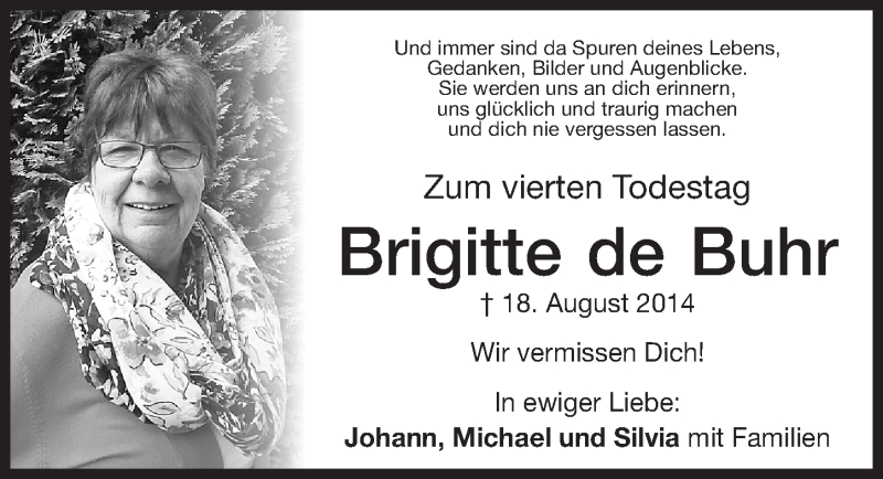  Traueranzeige für Brigitte de Buhr vom 18.08.2018 aus Altmühl-Bote Lokal