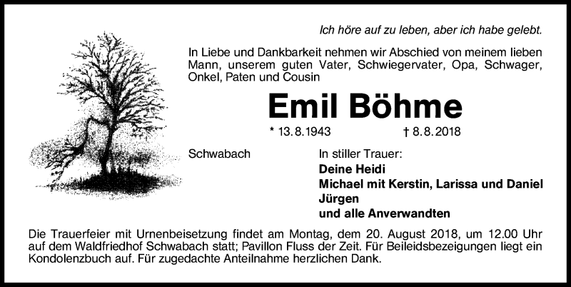 Traueranzeige für Emil Böhme vom 18.08.2018 aus Schwabach