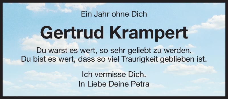  Traueranzeige für Gertrud Krampert vom 02.08.2018 aus Nordbayerische Nachrichten Forchheim Lokal