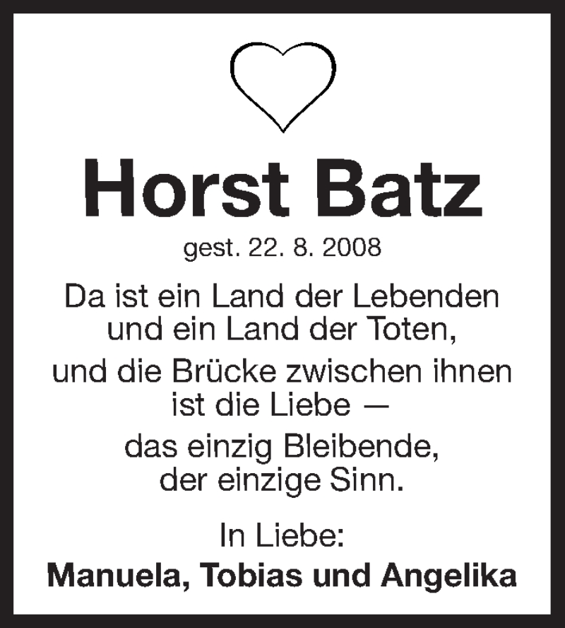  Traueranzeige für Horst Batz vom 25.08.2018 aus Erlanger Nachrichten Lokal