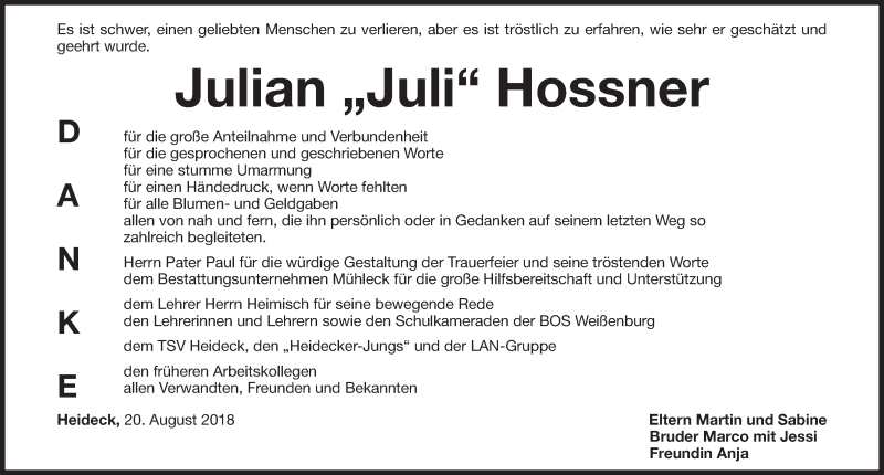  Traueranzeige für Julian Hossner vom 20.08.2018 aus Roth-Hilpoltsteiner Volkszeitung Lokal
