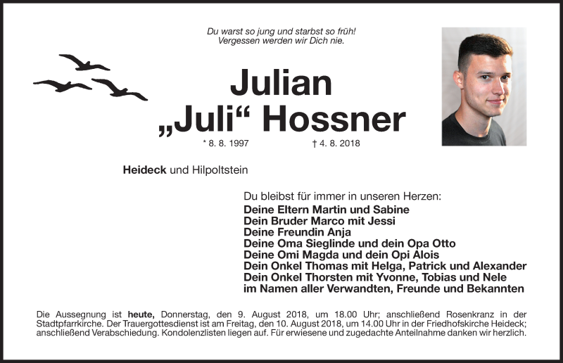  Traueranzeige für Julian Hossner vom 09.08.2018 aus Roth-Hilpoltsteiner Volkszeitung Lokal