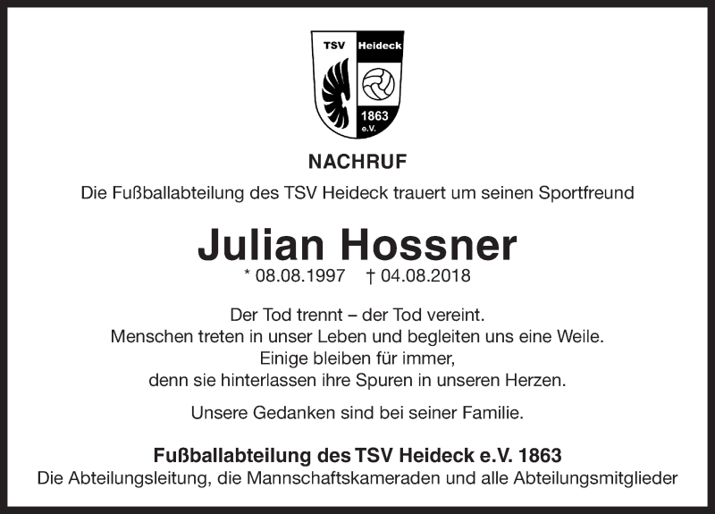  Traueranzeige für Julian Hossner vom 10.08.2018 aus Roth-Hilpoltsteiner Volkszeitung Lokal