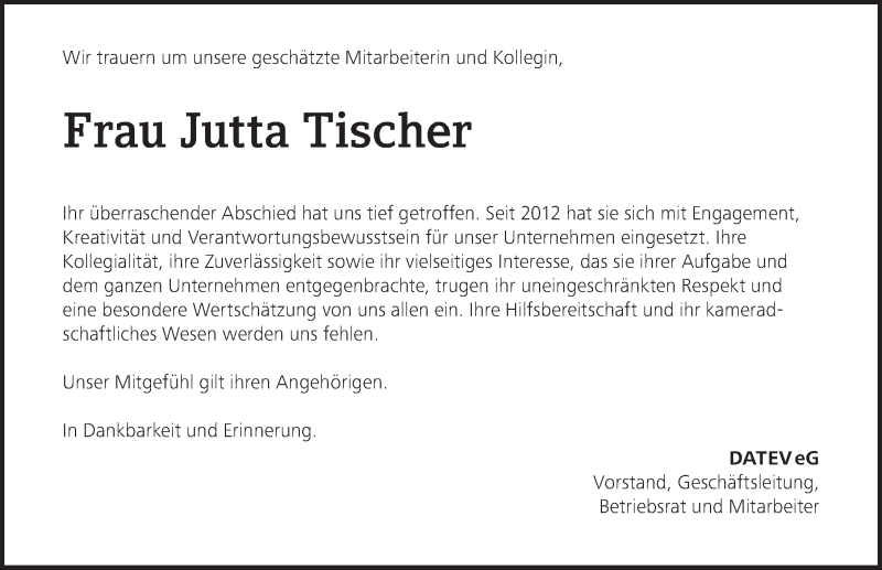  Traueranzeige für Jutta Tischer vom 23.08.2018 aus Gesamtausgabe Nürnberger Nachrichten/ Nürnberger Ztg.