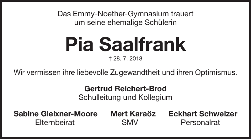  Traueranzeige für Pia Saalfrank vom 11.08.2018 aus Erlanger Nachrichten Lokal