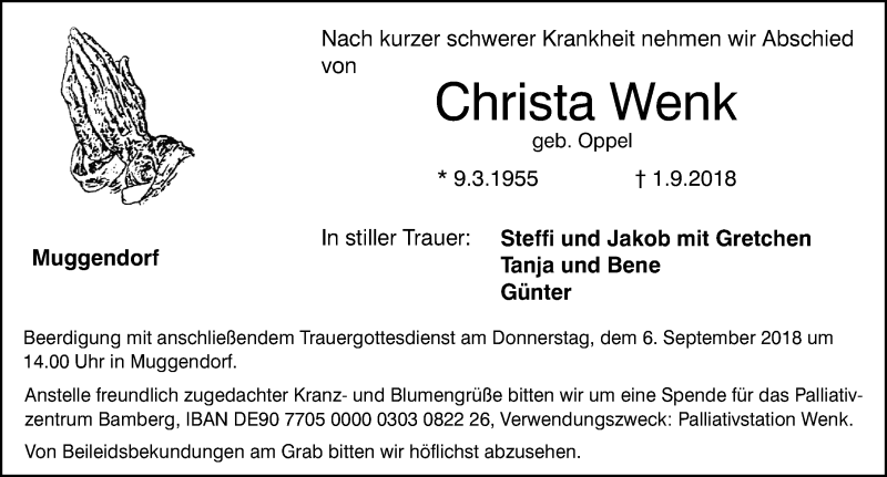  Traueranzeige für Christa Wenk vom 04.09.2018 aus Nordbayerische Nachrichten Forchheim Lokal