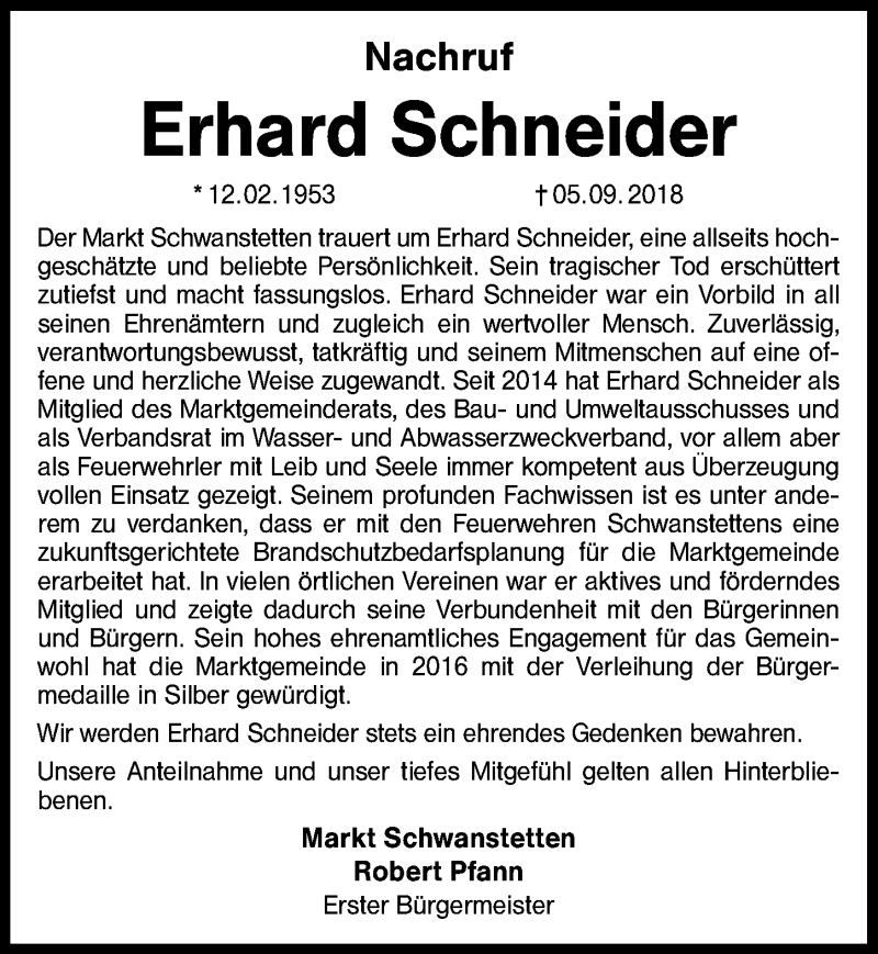  Traueranzeige für Erhard Schneider vom 13.09.2018 aus Schwabach