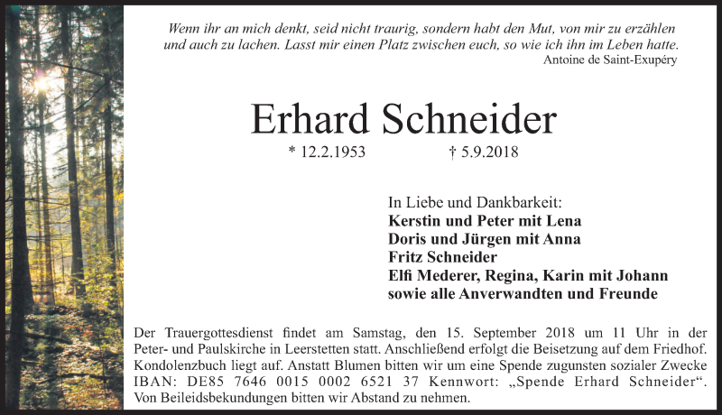  Traueranzeige für Erhard Schneider vom 12.09.2018 aus Schwabacher Tagblatt