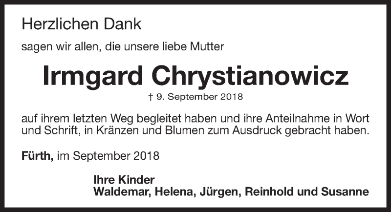  Traueranzeige für Irmgard Chrystianowicz vom 22.09.2018 aus Fürther Nachrichten Lokal