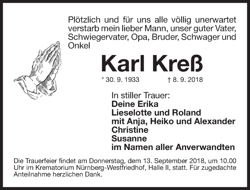  Traueranzeige für Karl Kreß vom 10.09.2018 aus Gesamtausgabe Nürnberger Nachrichten/ Nürnberger Ztg.