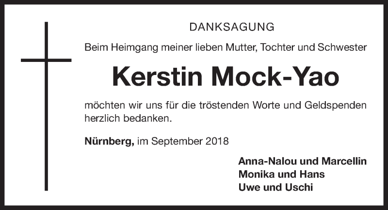  Traueranzeige für Kerstin Mock-Yao vom 29.09.2018 aus Gesamtausgabe Nürnberger Nachrichten/ Nürnberger Ztg.