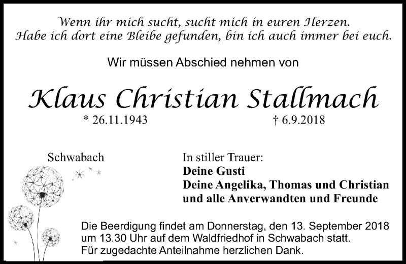  Traueranzeige für Klaus Christian Stallmach vom 11.09.2018 aus Schwabacher Tagblatt
