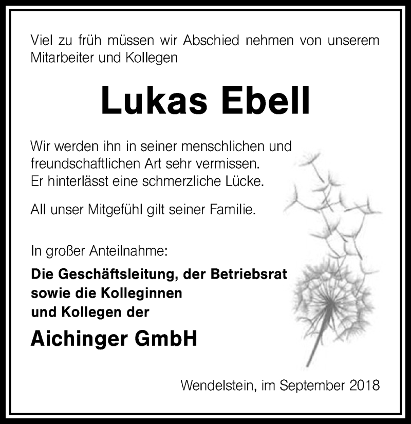  Traueranzeige für Lukas Ebell vom 20.09.2018 aus Schwabach