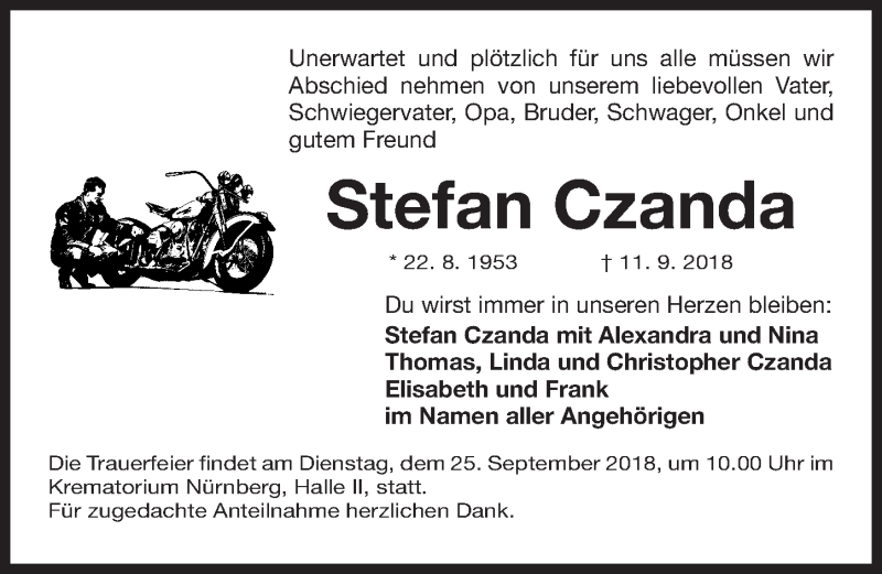  Traueranzeige für Stefan Czanda vom 22.09.2018 aus Gesamtausgabe Nürnberger Nachrichten/ Nürnberger Ztg.