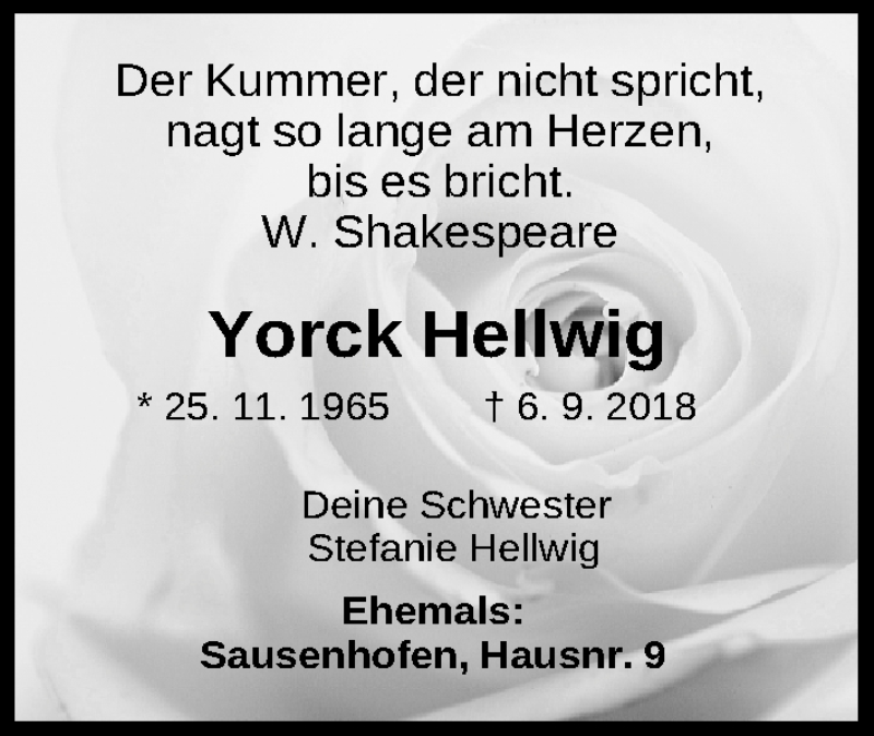  Traueranzeige für Yorck Hellwig vom 22.09.2018 aus Altmühl-Bote Lokal