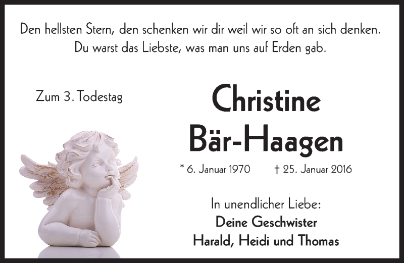  Traueranzeige für Christine Bär-Haagen vom 25.01.2019 aus Nordbayerische Nachrichten Herzogenaurach Lokal