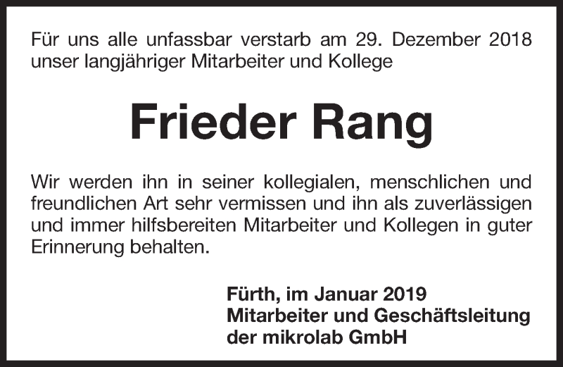  Traueranzeige für Frieder Rang vom 11.01.2019 aus Gesamtausgabe Nürnberger Nachrichten/ Nürnberger Ztg.