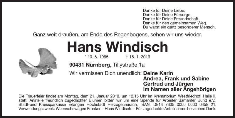  Traueranzeige für Hans Windisch vom 18.01.2019 aus Gesamtausgabe Nürnberger Nachrichten/ Nürnberger Ztg.