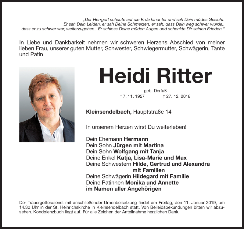  Traueranzeige für Heidi Ritter vom 09.01.2019 aus Nordbayerische Nachrichten Forchheim Lokal