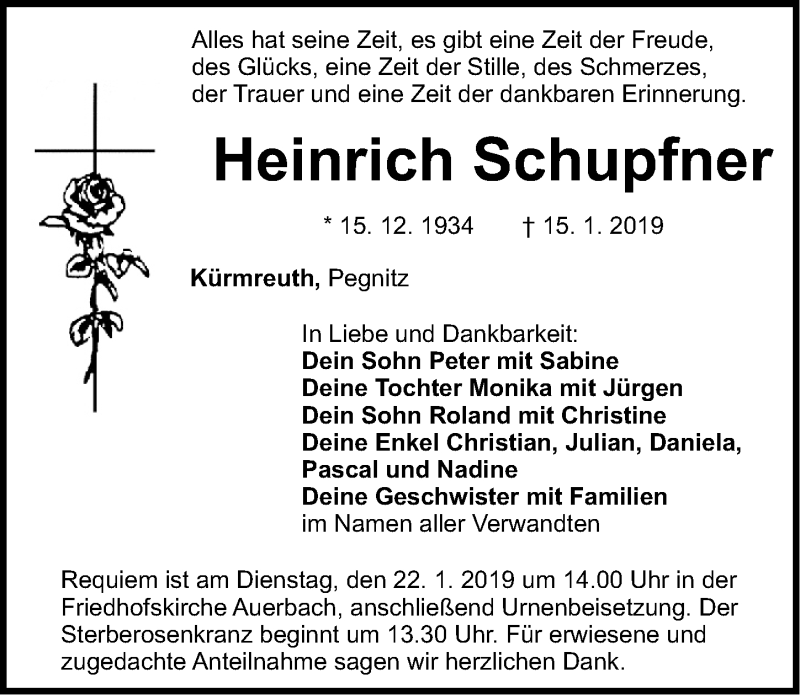  Traueranzeige für Heinrich Schupfner vom 19.01.2019 aus Nordbayerische Nachrichten Pegnitz Lokal