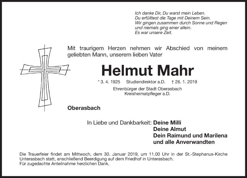  Traueranzeige für Helmut Mahr vom 29.01.2019 aus Gesamtausgabe Nürnberger Nachrichten/ Nürnberger Ztg./ Fürther Nachrichten